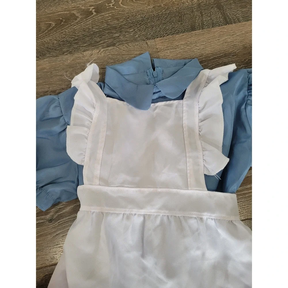 Kids Alice in Wonderland Costume 12 Blue Dress White Apron Black Bow Headband #S